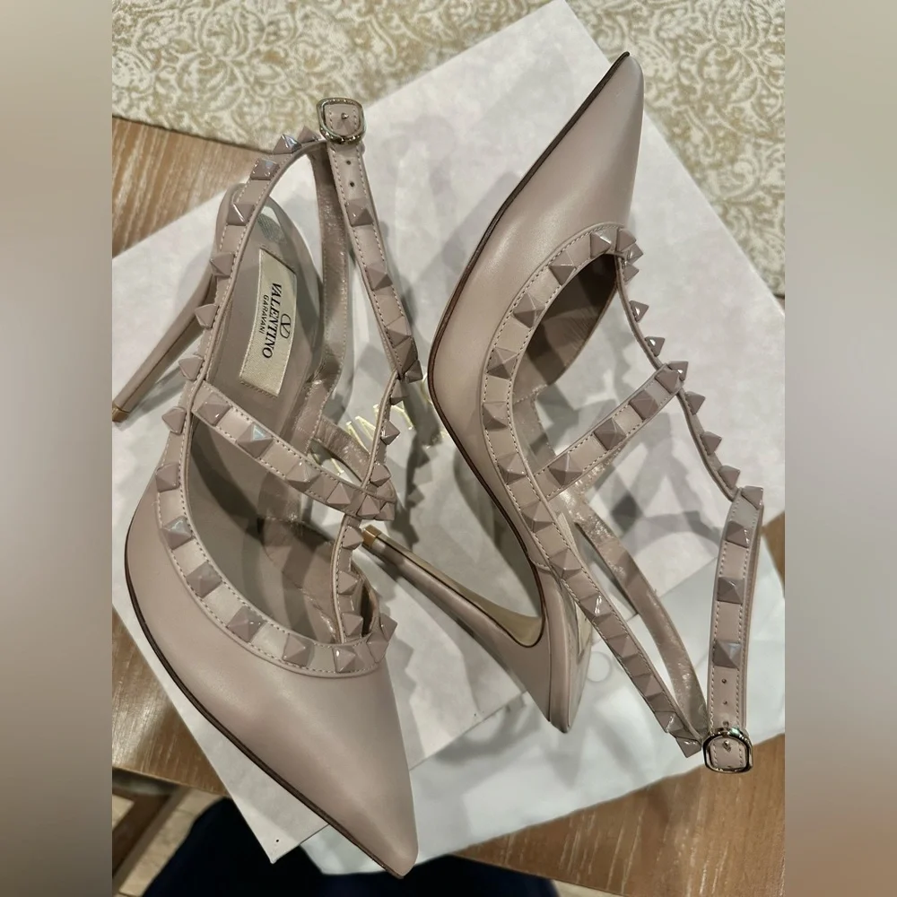 Valentino Rockstud Pointed Toe T-Strap Heels in Nude